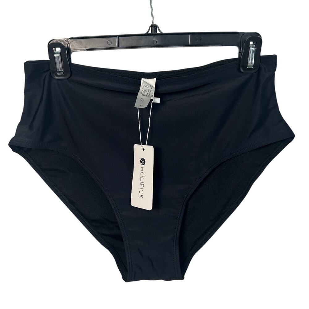 New Holipick High Waisted Bikini Bottom Black Nylon Spandex Size L Beach NWT